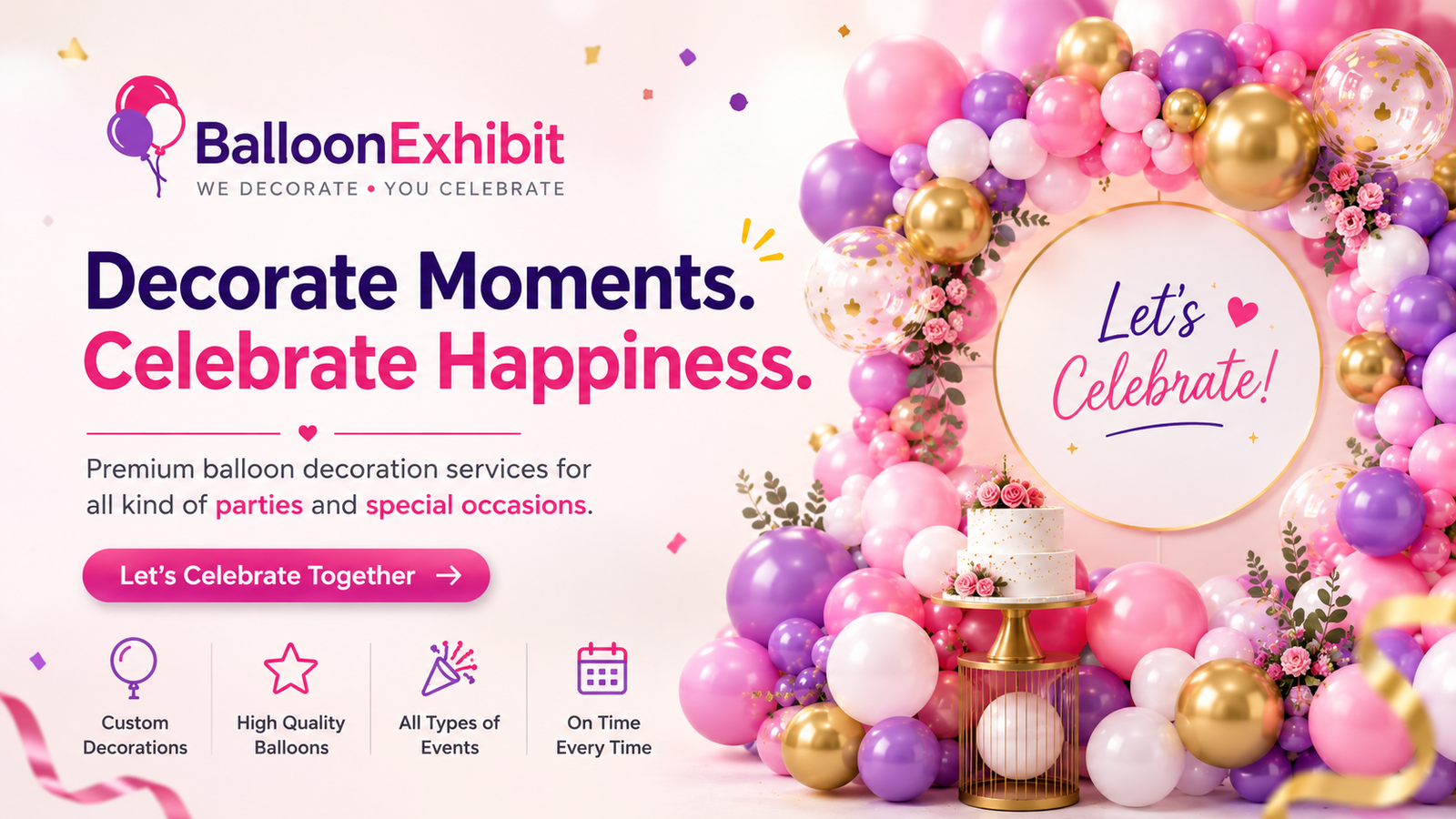 Elegant balloon decoration setup with pink, white, purple, and gold balloons for party celebrations by BalloonExhibit.
