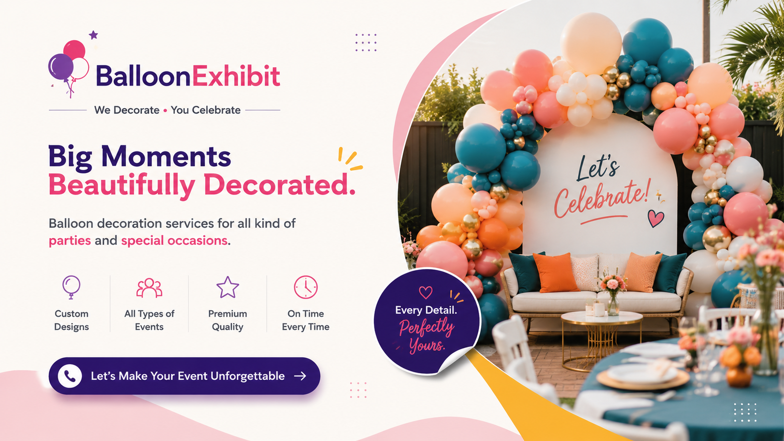 Outdoor party balloon decoration with pastel balloons, seating arrangement, and event styling by BalloonExhibit.