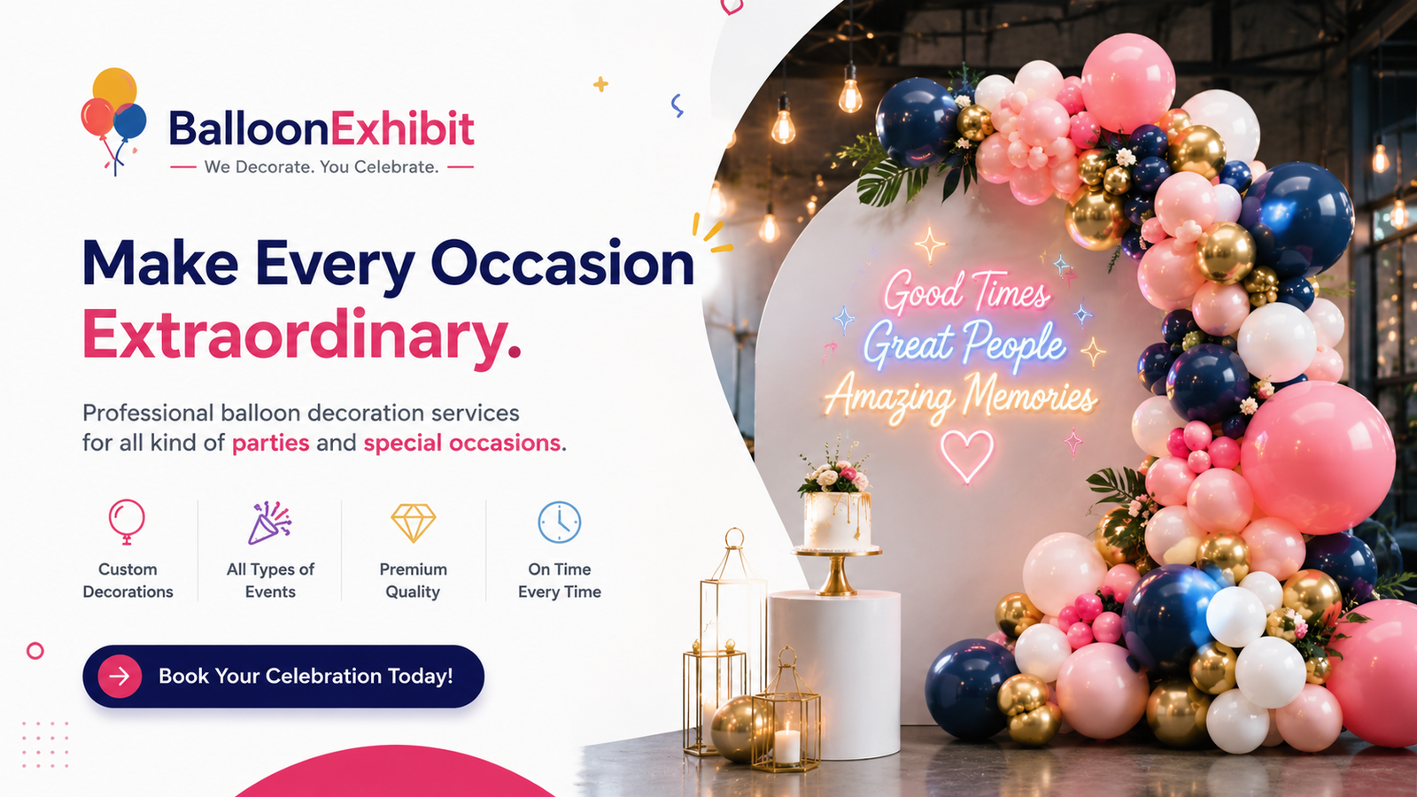 Modern neon-themed balloon decoration setup with pink, navy blue, white, and gold balloons for celebrations.