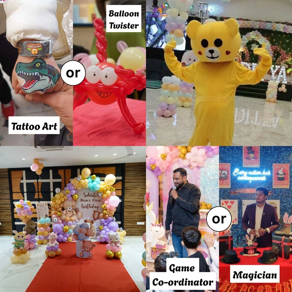 Premium Birthday Decoration Package in Mumbai - Tattoo art/Balloon art, Magic show/Game coordinator and 1 Mascot 3 Birthday Decoration Package in Mumbai