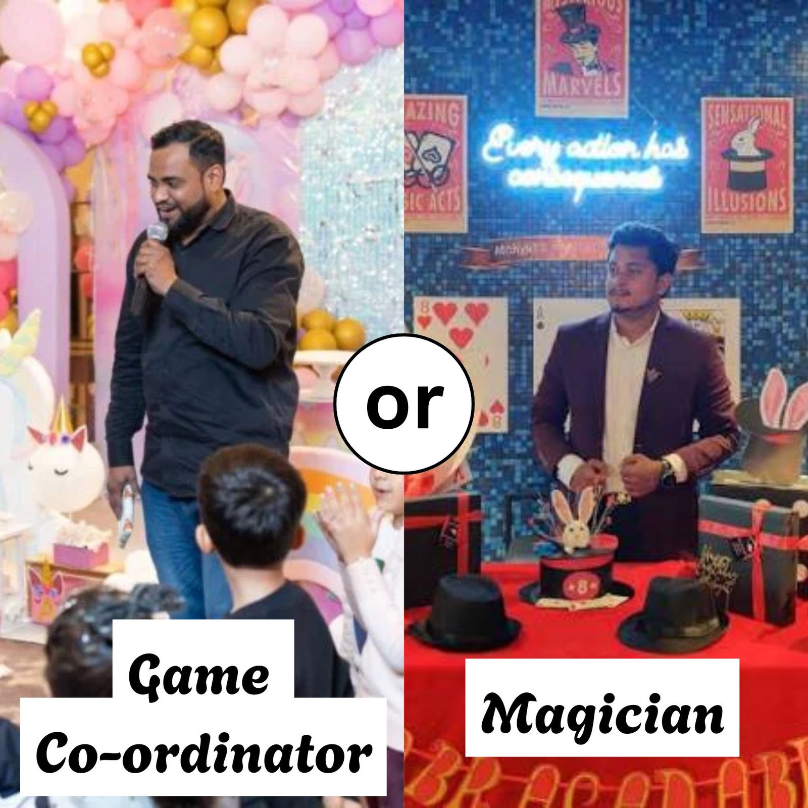 Premium Birthday Decoration Package in Mumbai - Tattoo art/Balloon art, Magic show/Game coordinator and 1 Mascot 4 Game Coordinator and Magician